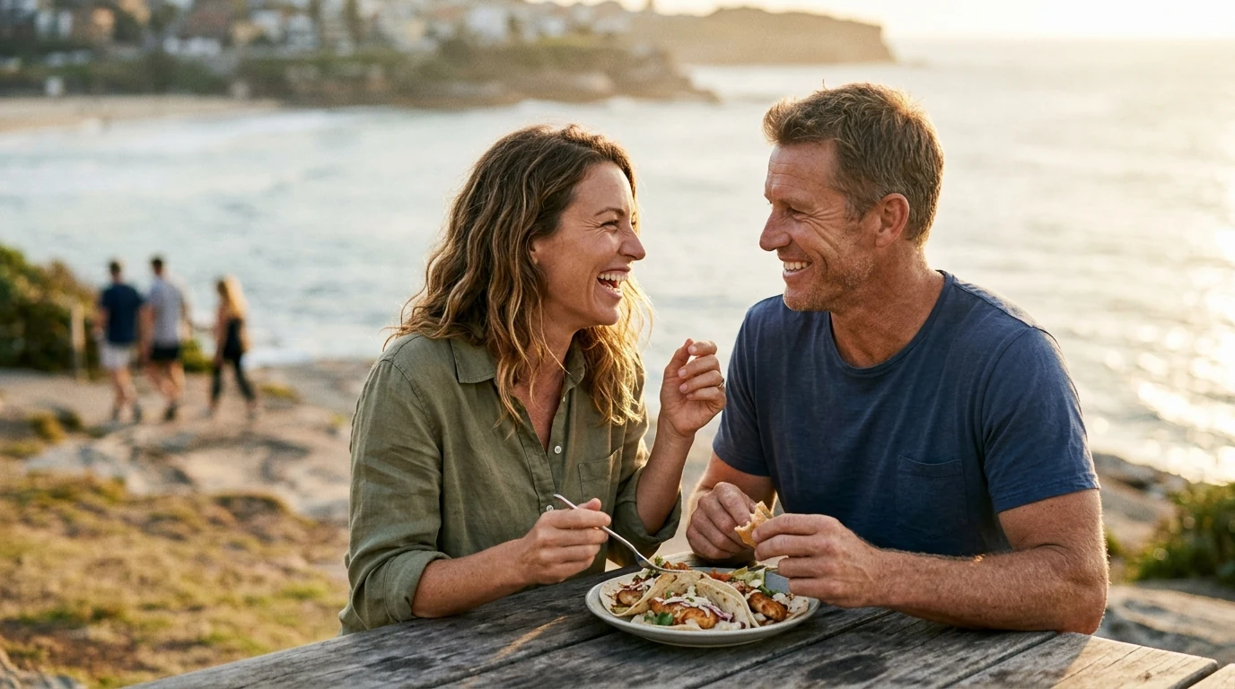 Couple sharing food on a date on the coastal walk between Bondi and Bronte in Sydney in the afternoon