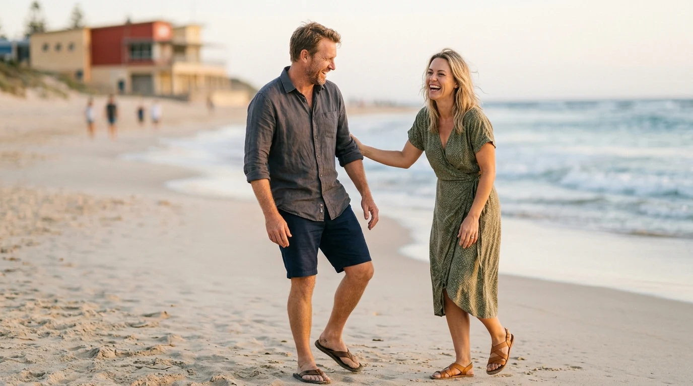 Two people meeting for the first time on the sand at City Beach in Perth in the morning