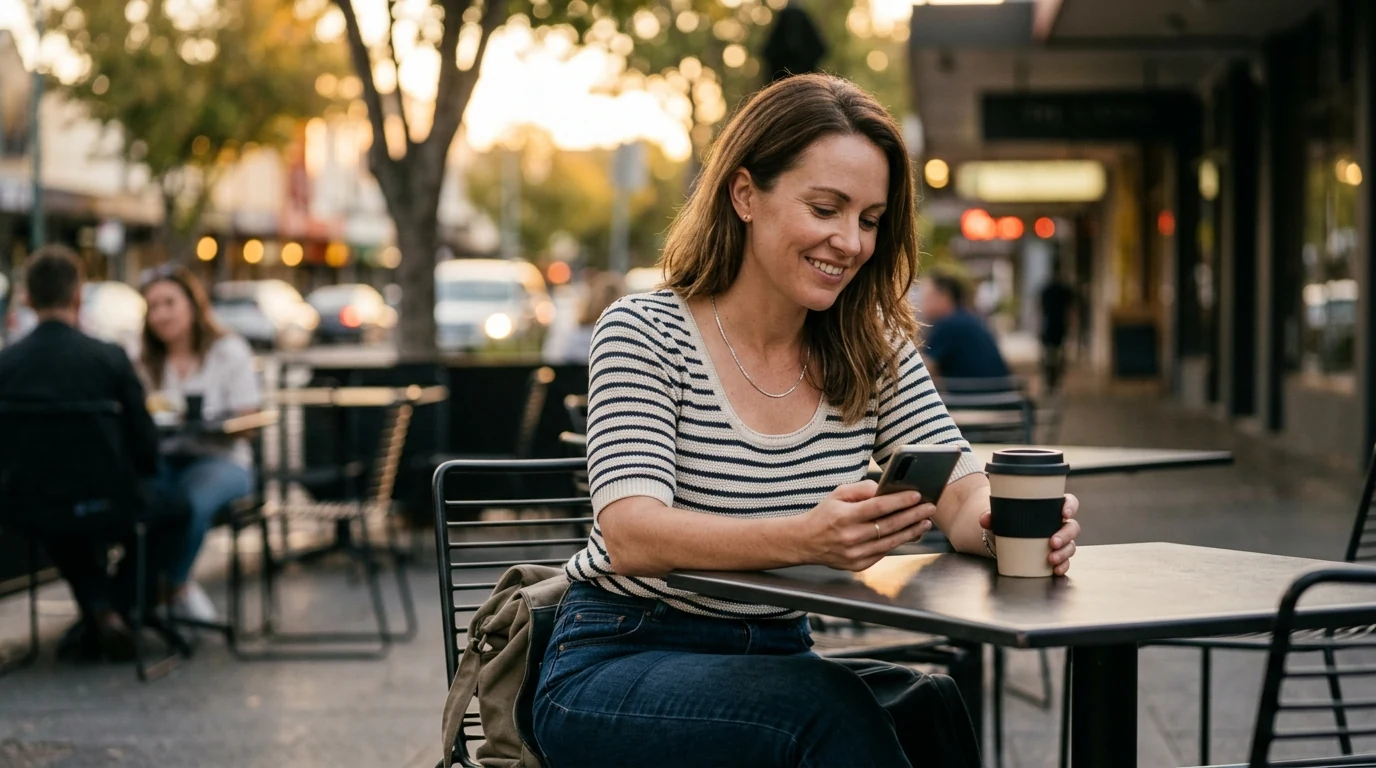 Woman smiling at her phone over coffee at a cafe on The Parade in Norwood in Adelaide at golden hour
