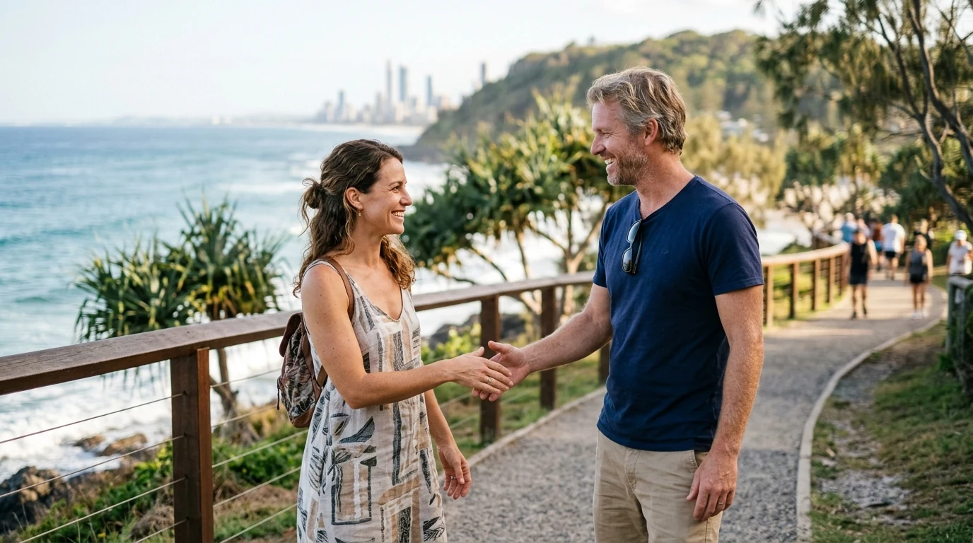 Couple enjoying a relaxed first date on the headland walk at Burleigh on the Gold Coast on a mild day
