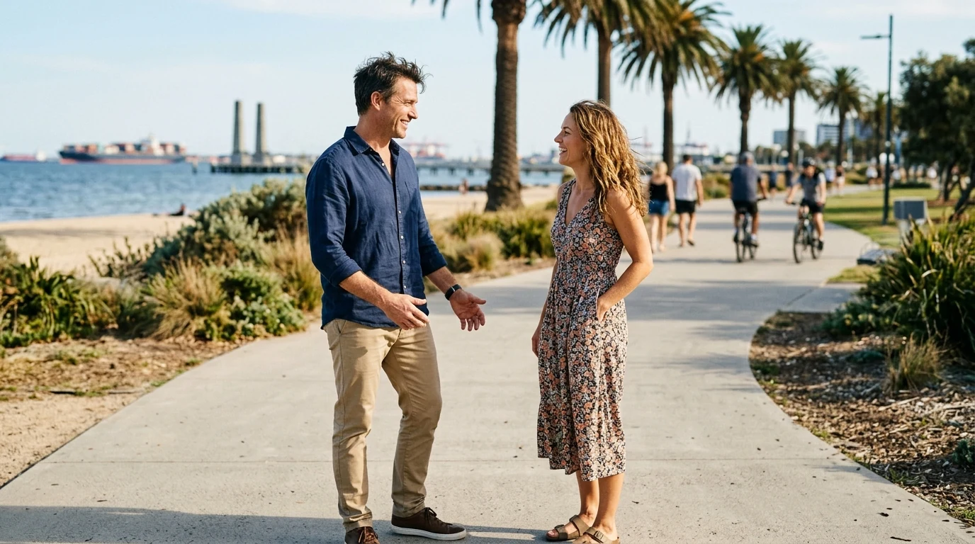 Couple enjoying a relaxed first date on a bayside path at Port Melbourne in Melbourne at midday