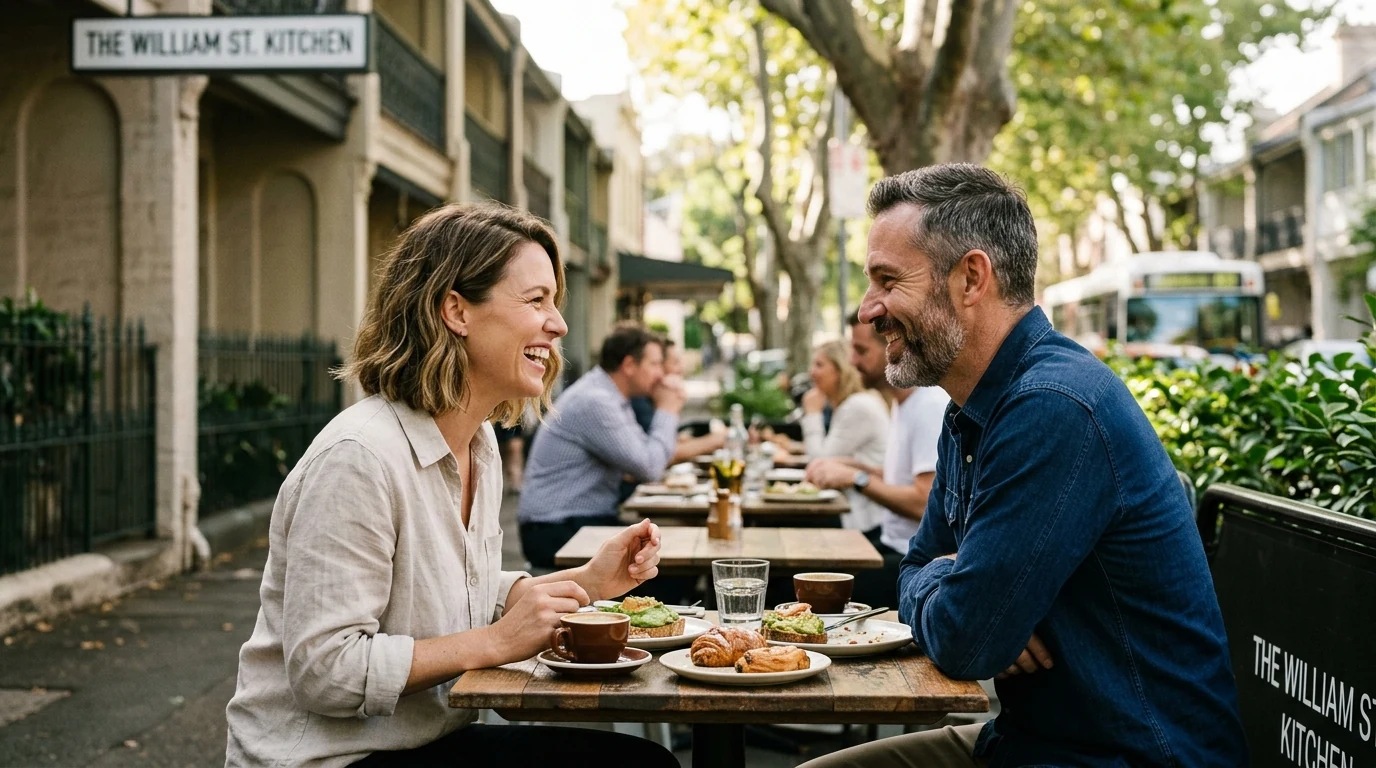 Couple laughing over brunch on a tree-lined street in Paddington in Sydney in the morning