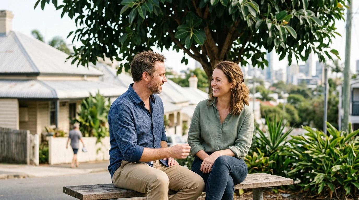 Couple talking on a bench on a leafy street in Paddington in Brisbane on a mild day