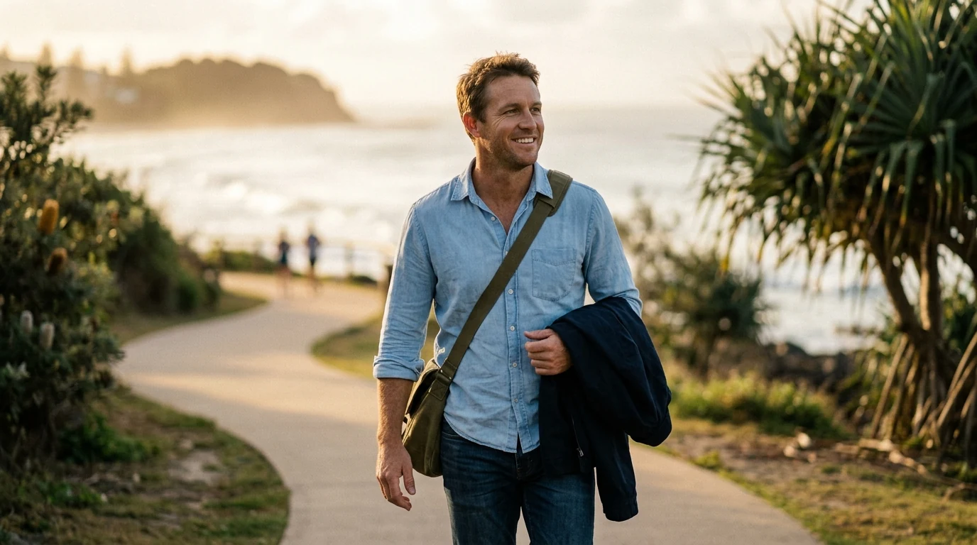 Man heading out looking upbeat on a coastal path at Coolangatta on the Gold Coast in the morning