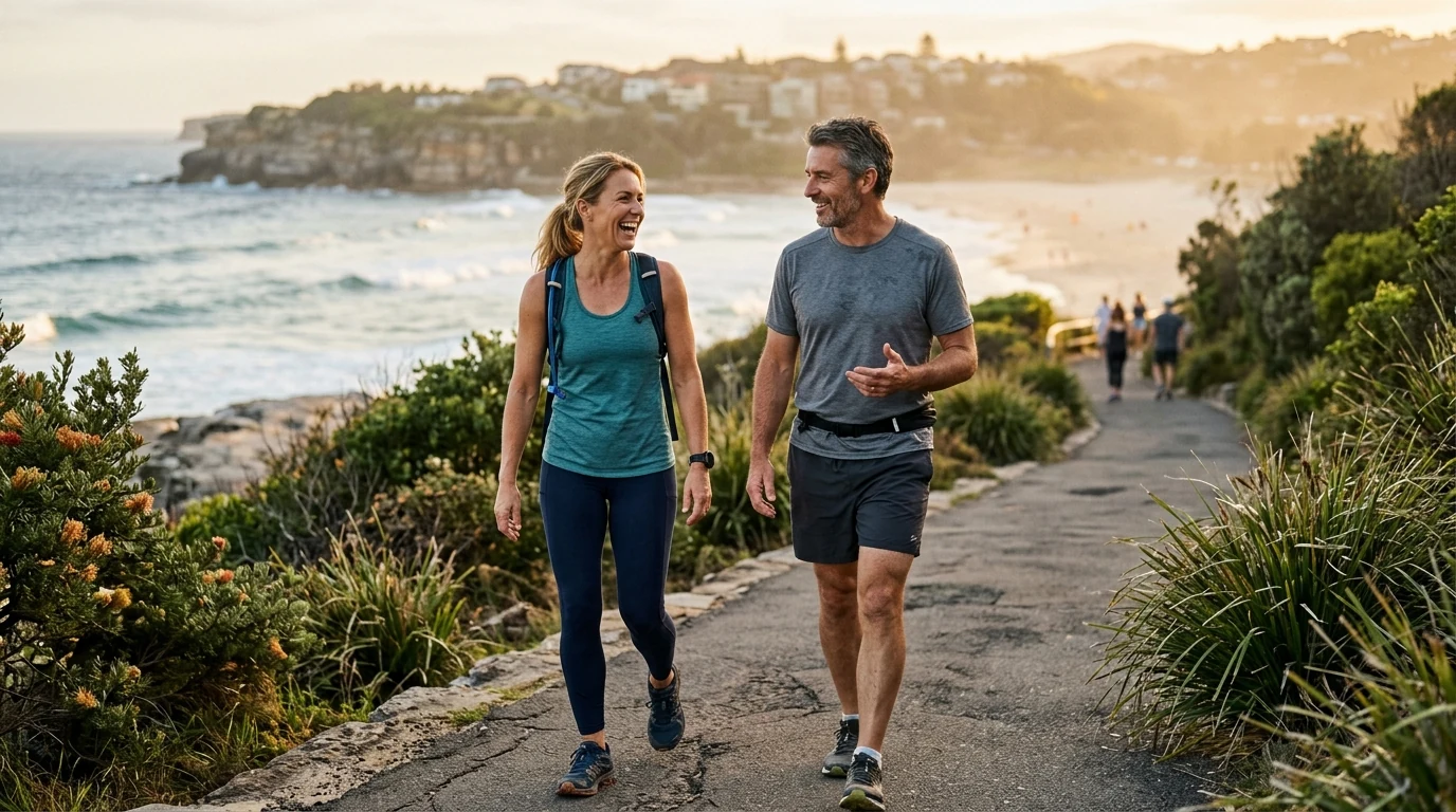 Couple finishing a walk together on a path above the beach in Sydney at golden hour