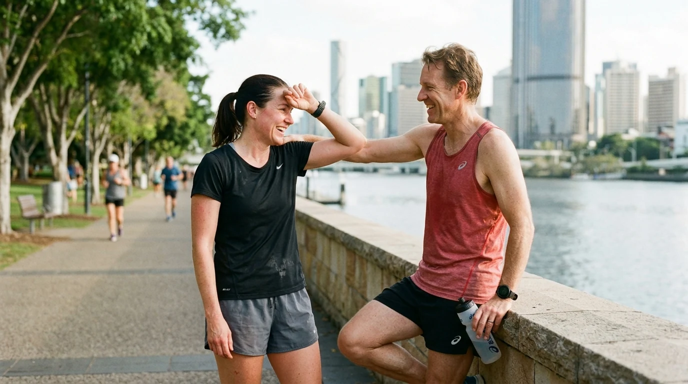 Active couple after a run at the parklands at South Bank in Brisbane on a mild day
