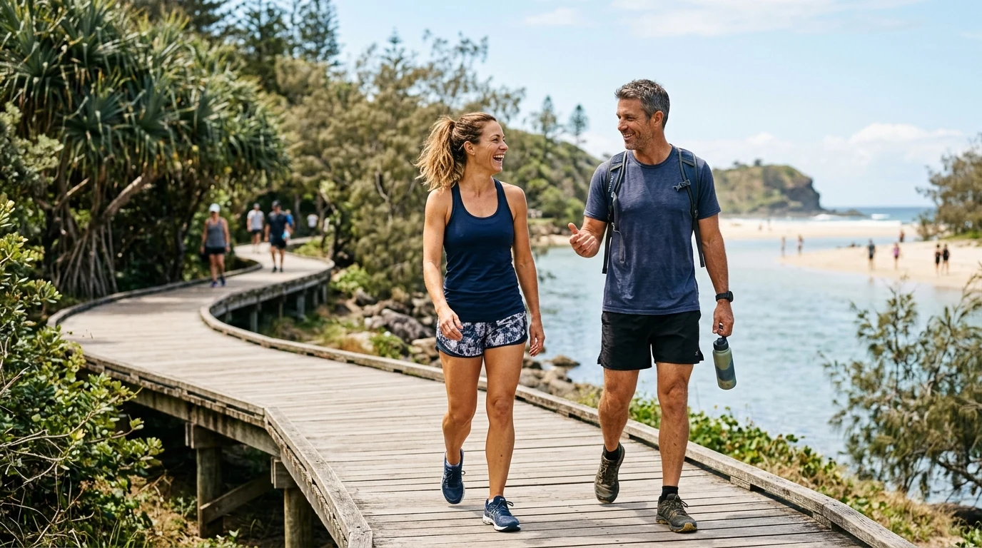 Couple finishing a walk together on the boardwalk near Currumbin on the Gold Coast at midday
