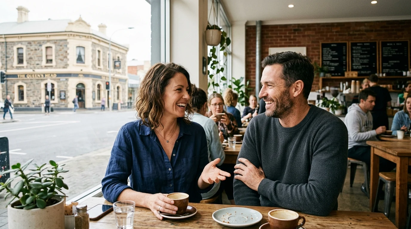Couple enjoying a relaxed first date at a bright cafe in North Adelaide in Adelaide on a mild day