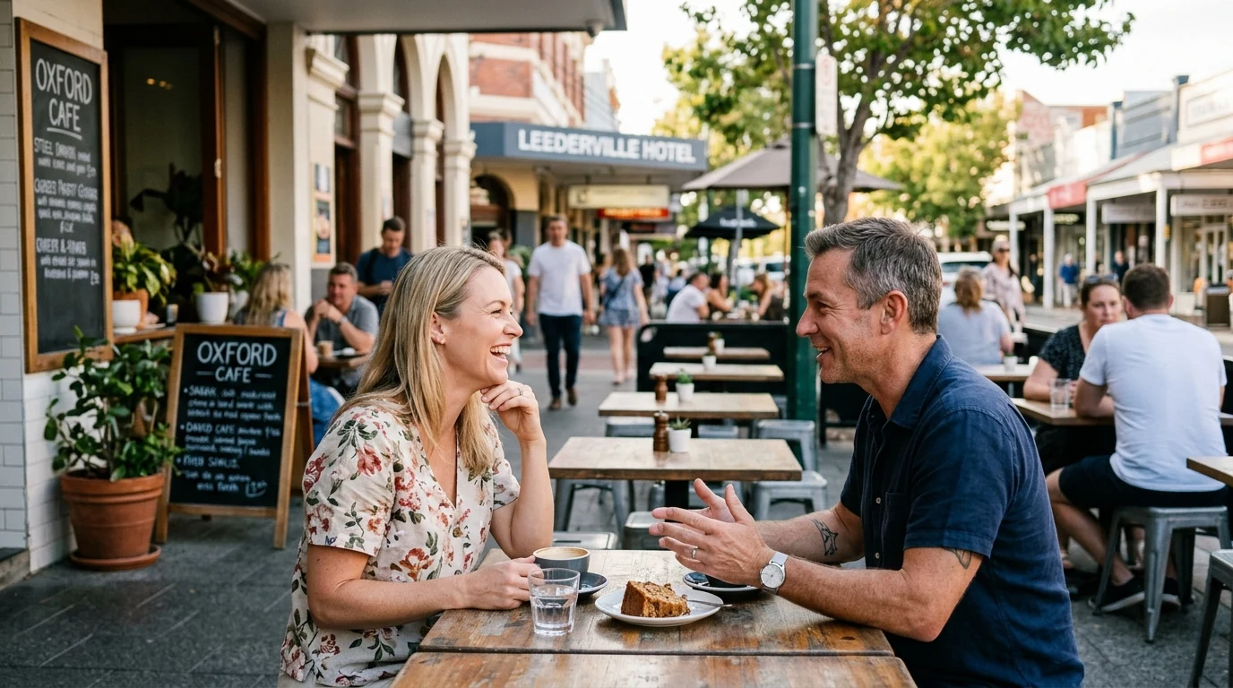 Couple enjoying a relaxed first date at a cafe strip in Leederville in Perth on a mild day