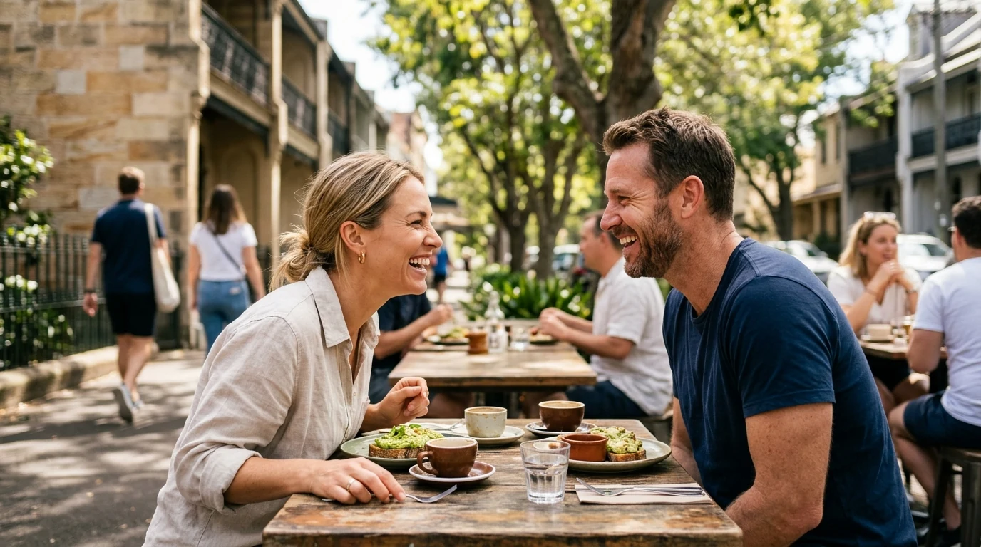 Couple laughing over brunch on a tree-lined street in Paddington in Sydney at midday