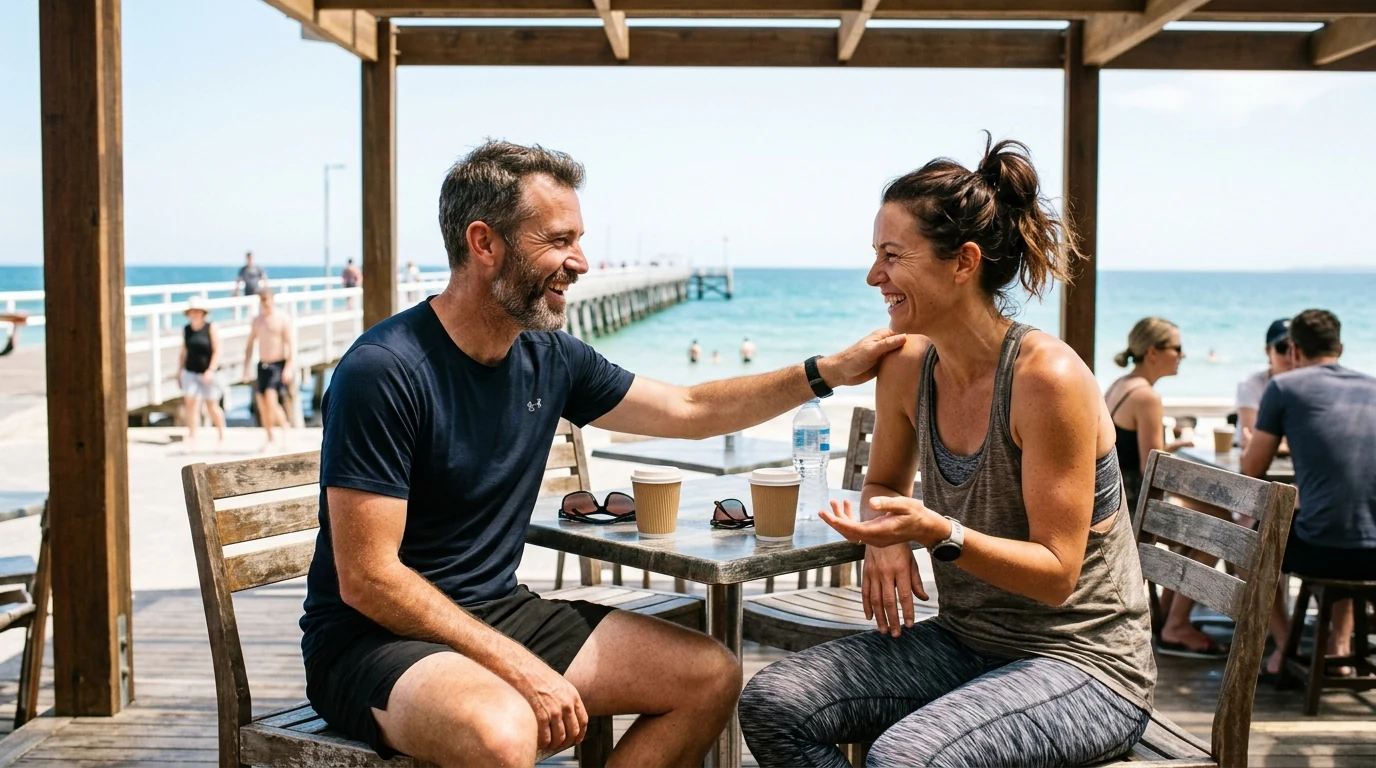 Active couple stopping for coffee on a beach walk at Henley in Adelaide at midday