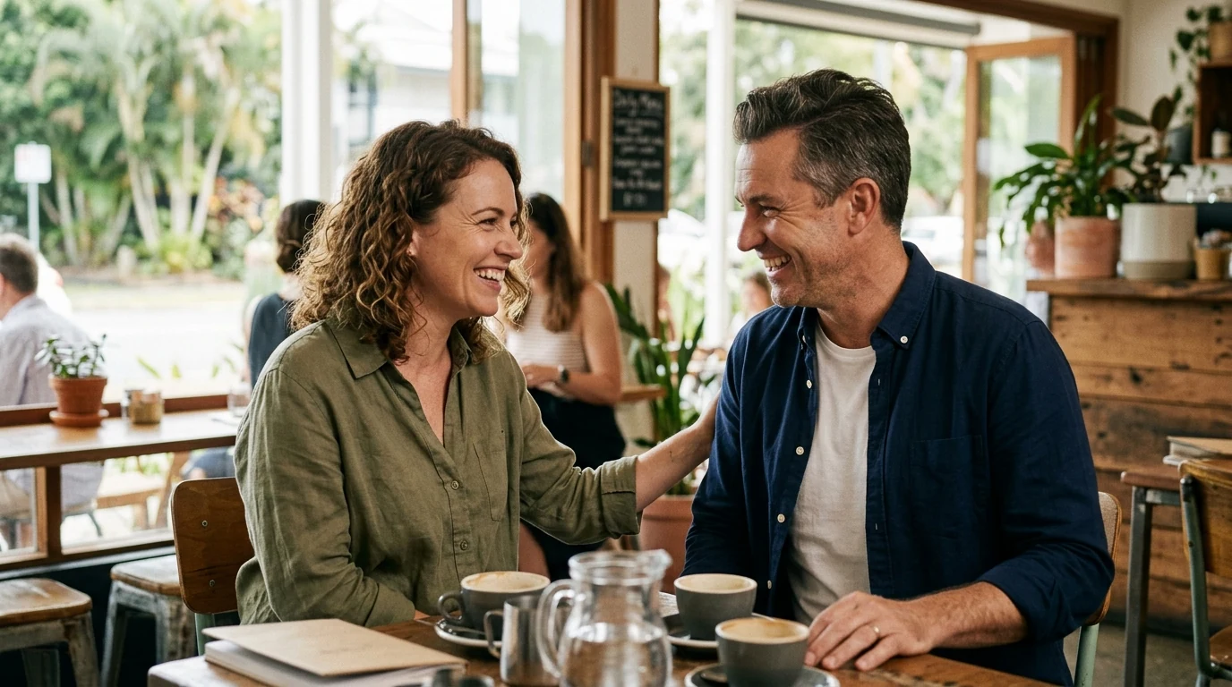 Two people meeting for the first time at a bright cafe in Bulimba in Brisbane in the morning