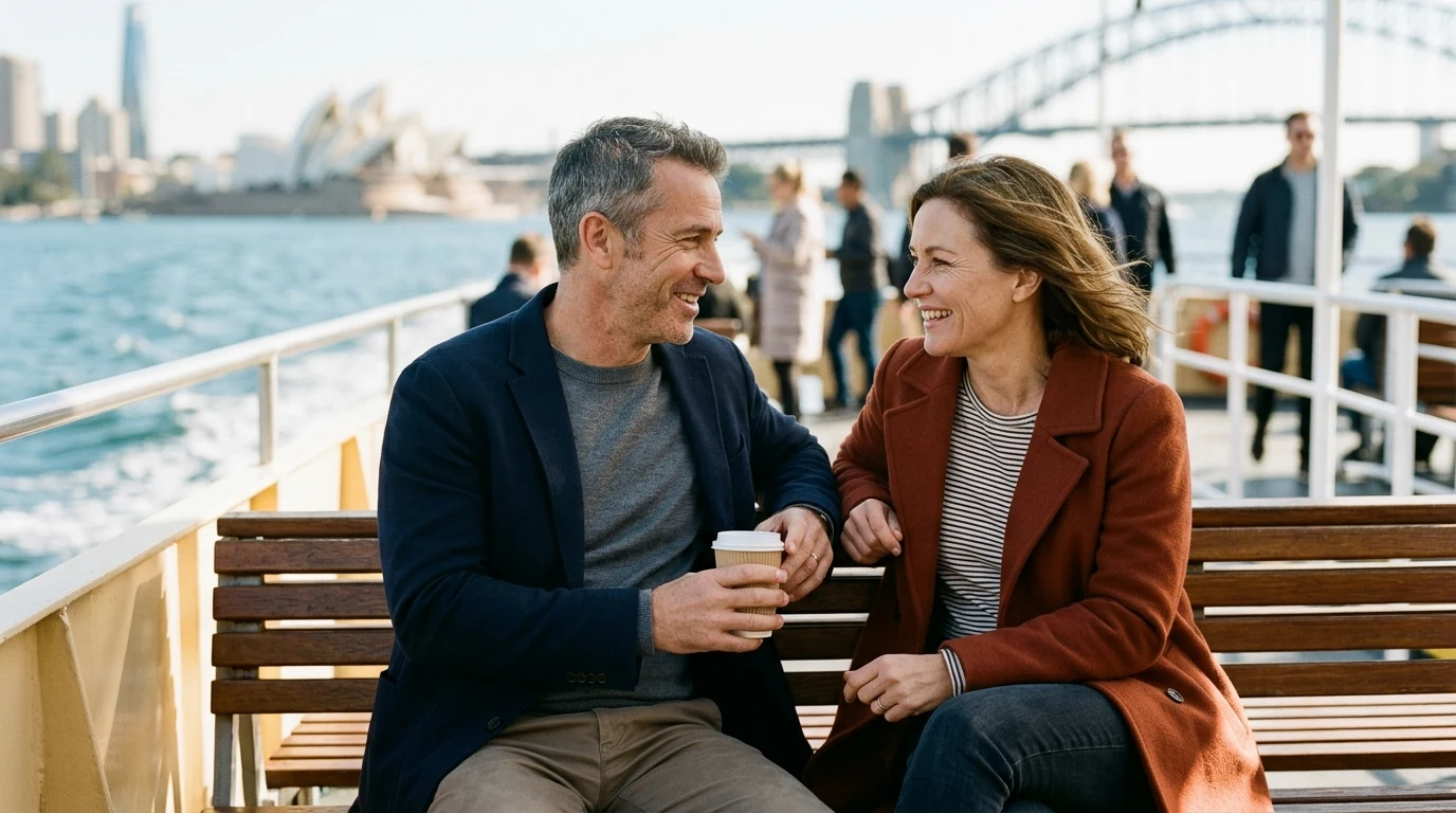 Couple talking on a bench on the deck of a harbour ferry in Sydney at midday