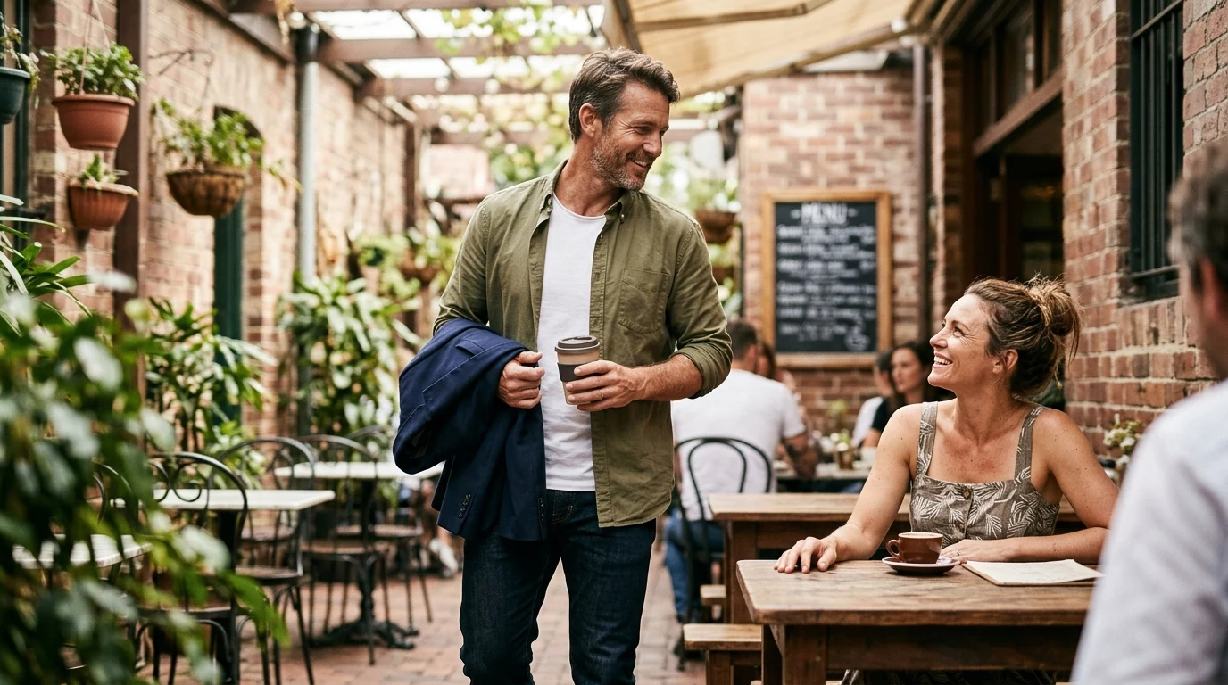 Man heading out looking upbeat at a courtyard cafe in Surry Hills in Sydney on a mild day