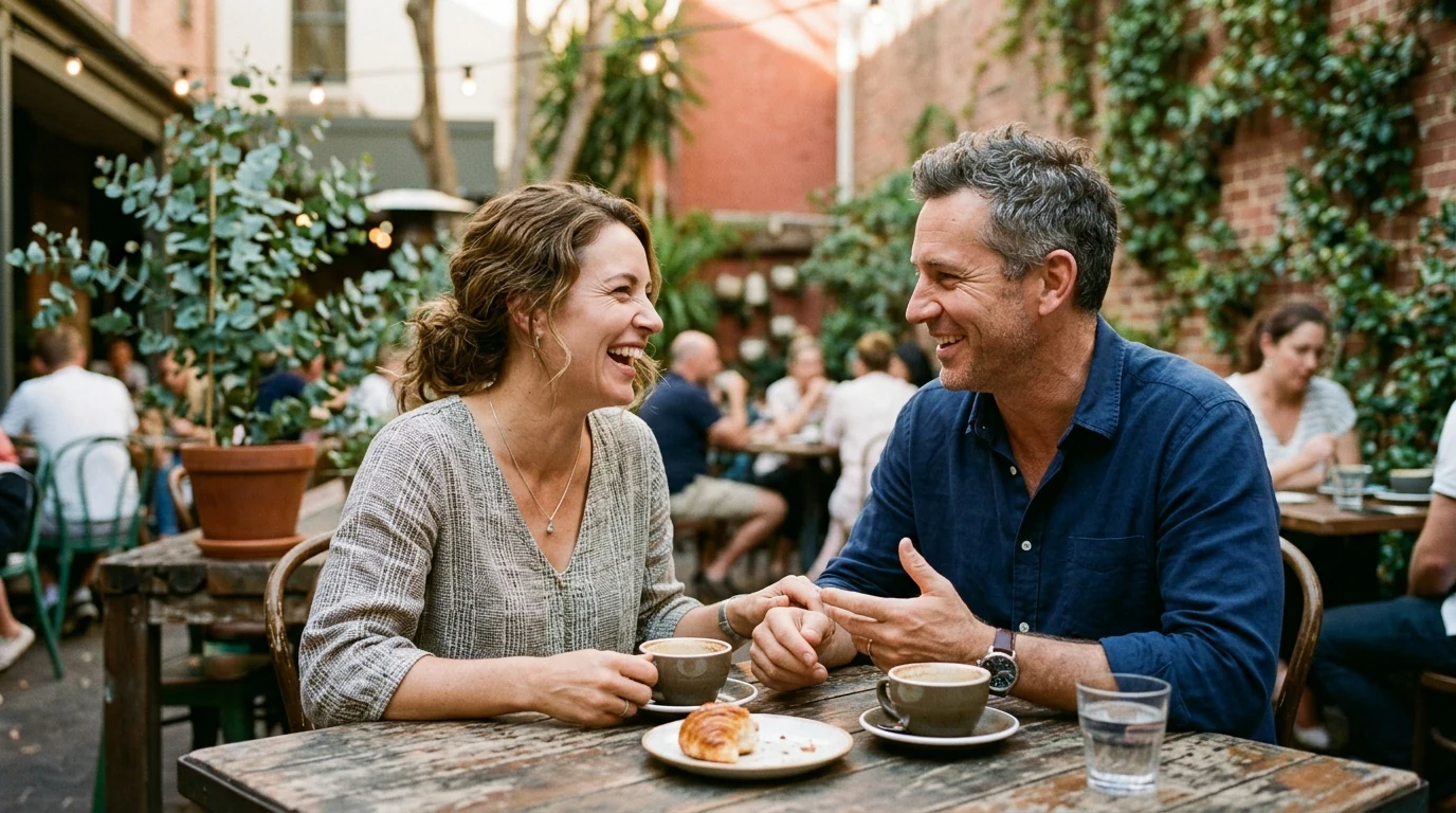 Couple enjoying a relaxed first date at a courtyard cafe in Surry Hills in Sydney in the afternoon