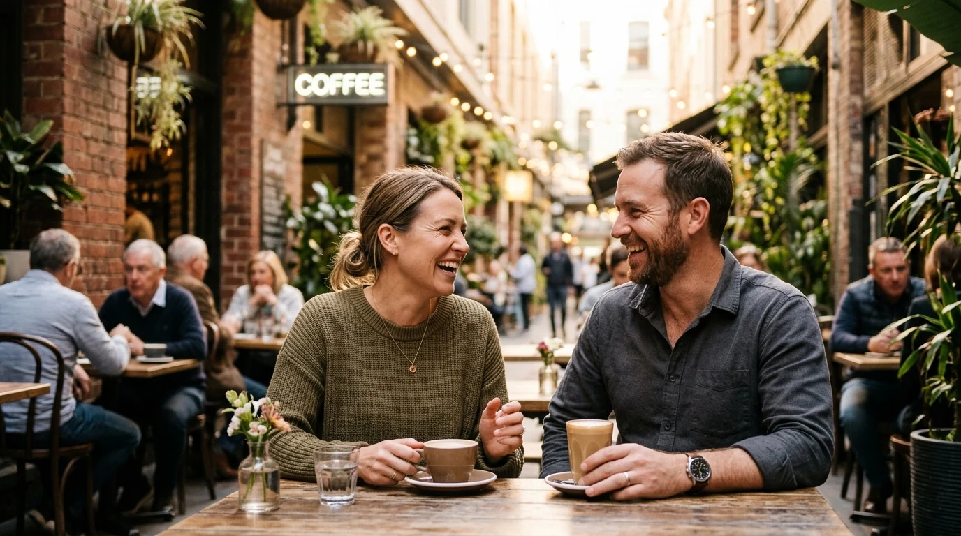 Couple laughing over coffee at a laneway cafe with hanging plants in Melbourne in the morning