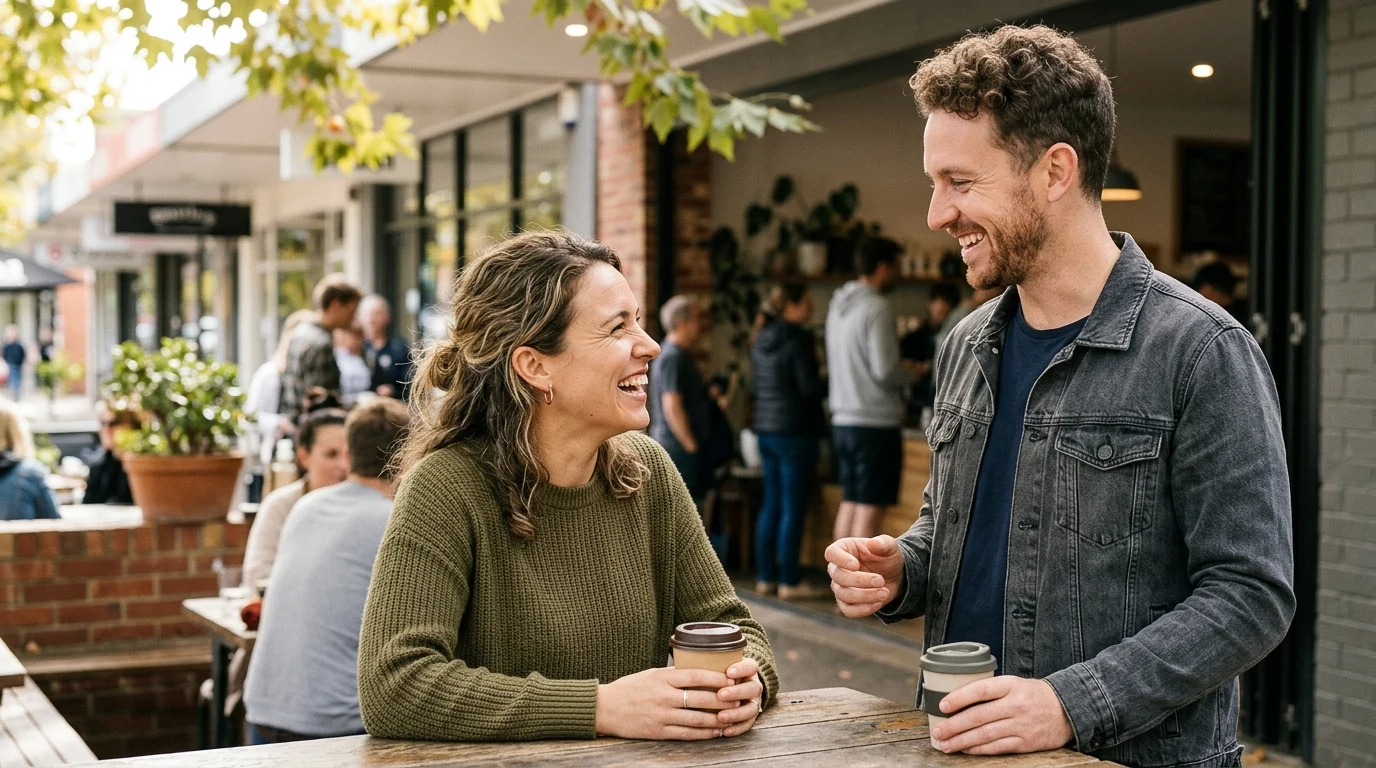 Couple laughing over coffee at a cafe in Braddon in Canberra in the morning