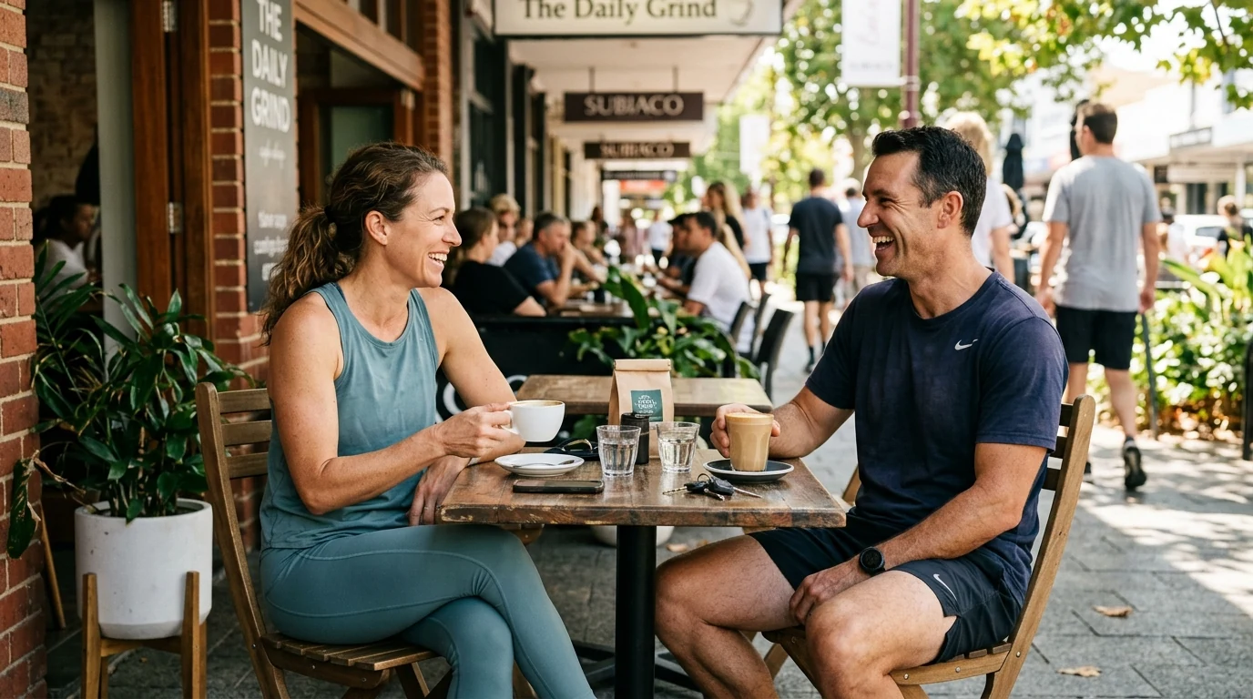 Active couple stopping for coffee at an outdoor table in Subiaco in Perth at midday