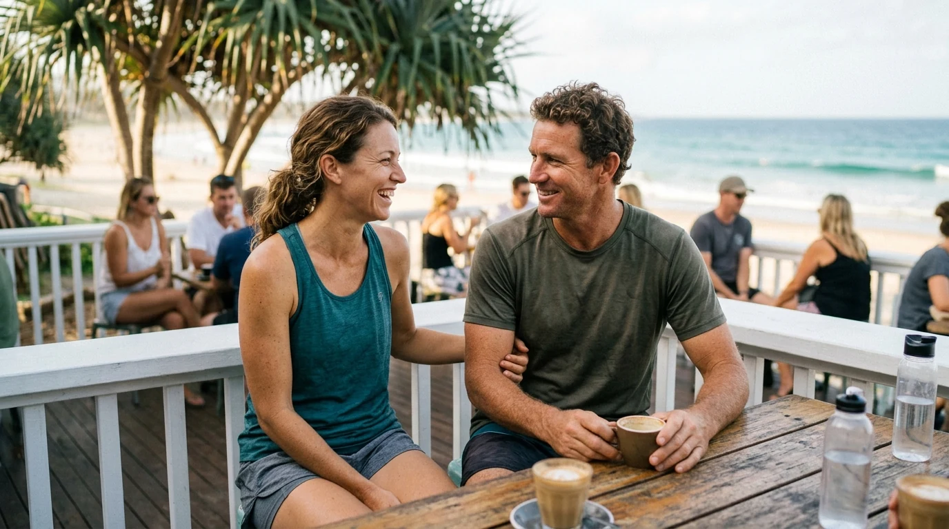 Couple finishing a walk together at a bright cafe in Palm Beach on the Gold Coast on a mild day