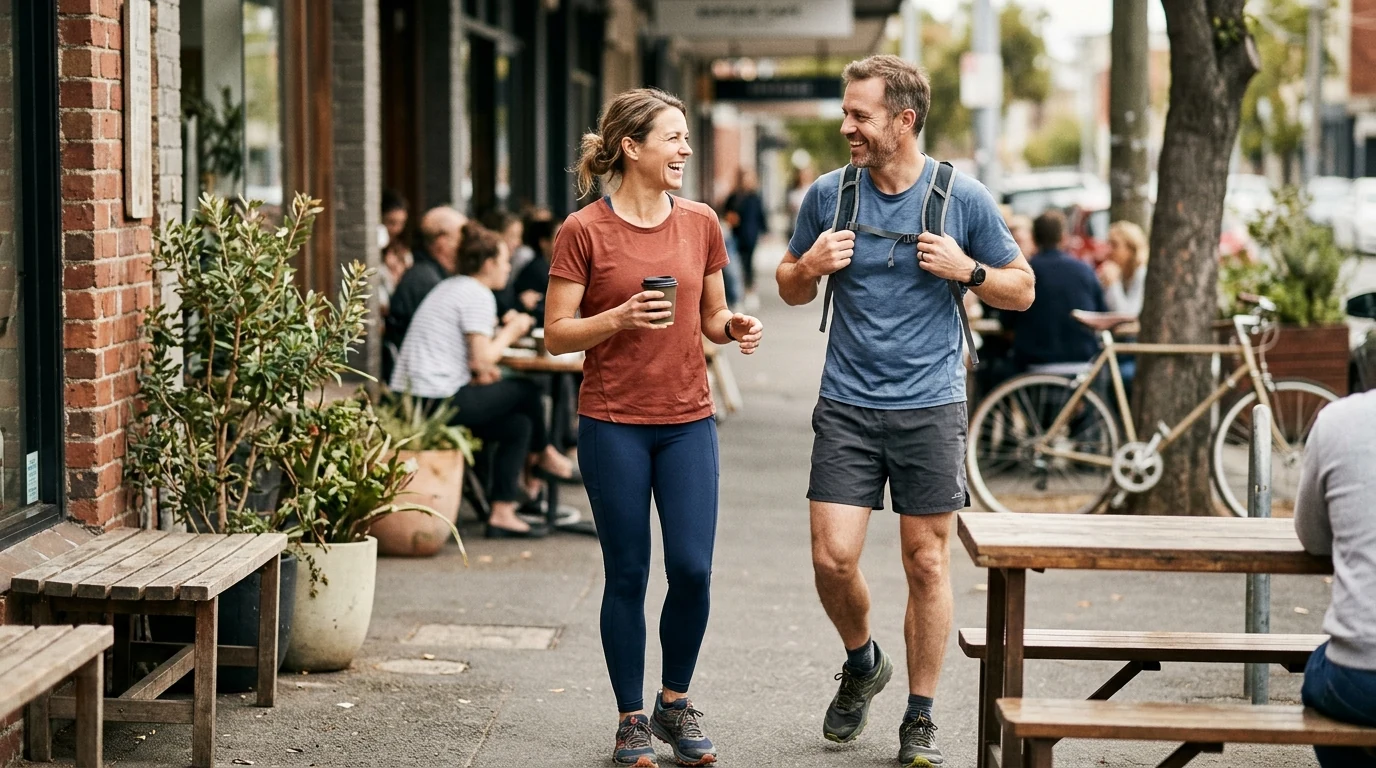 Couple finishing a walk together at a brunch spot in Fitzroy in Melbourne on a mild day