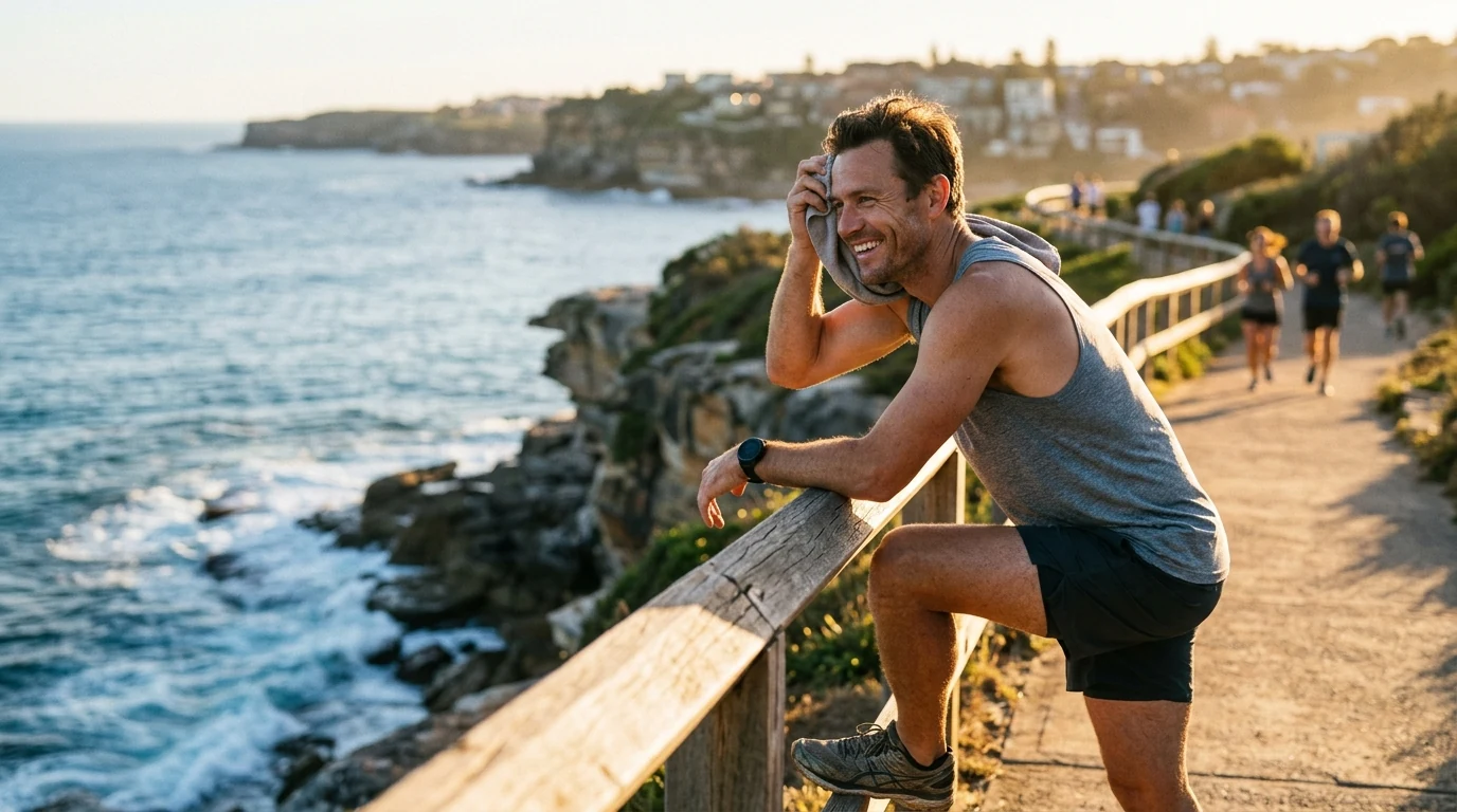 Man relaxed after a run on the coastal walk between Bondi and Bronte in Sydney at golden hour