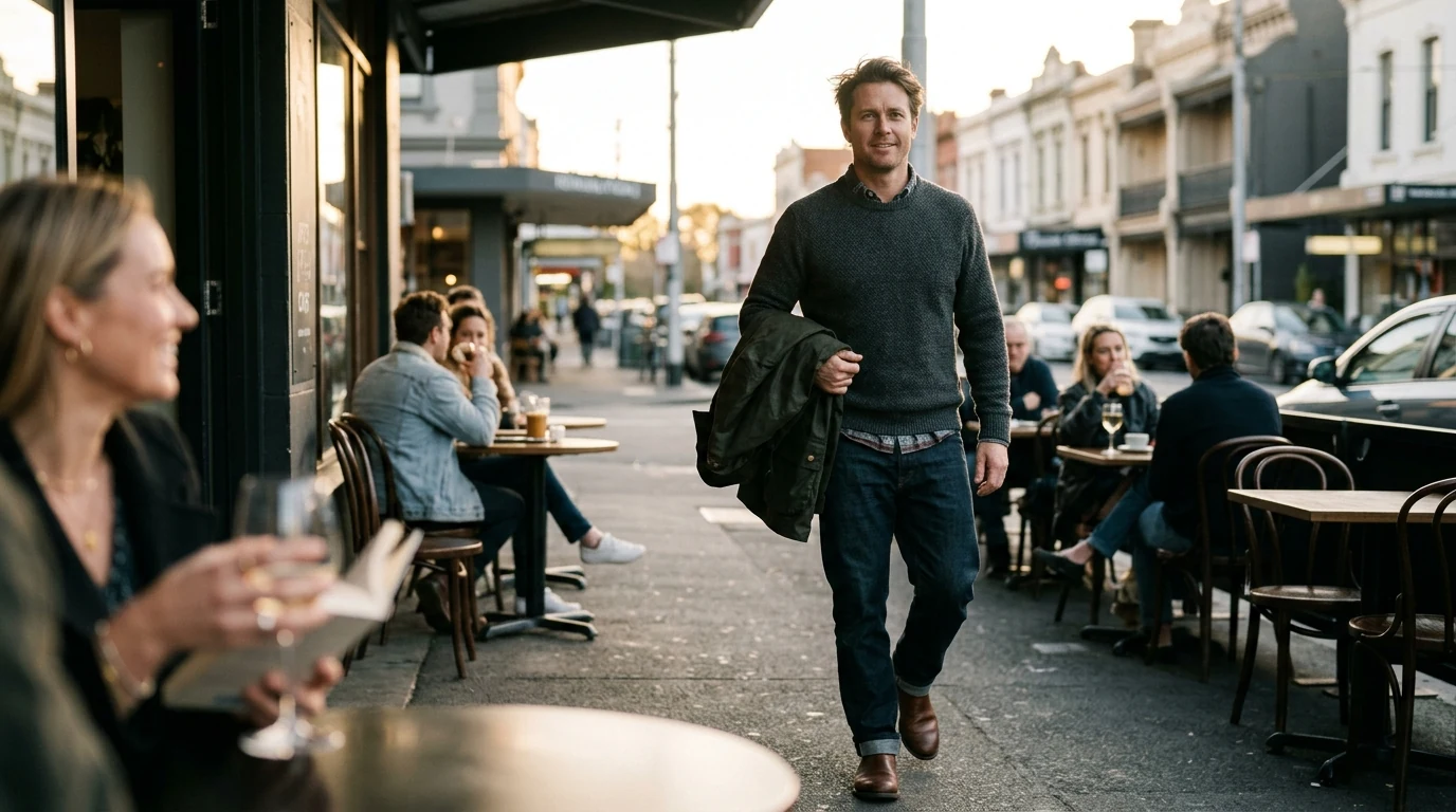 Man heading out looking upbeat at a corner cafe in Carlton in Melbourne at golden hour